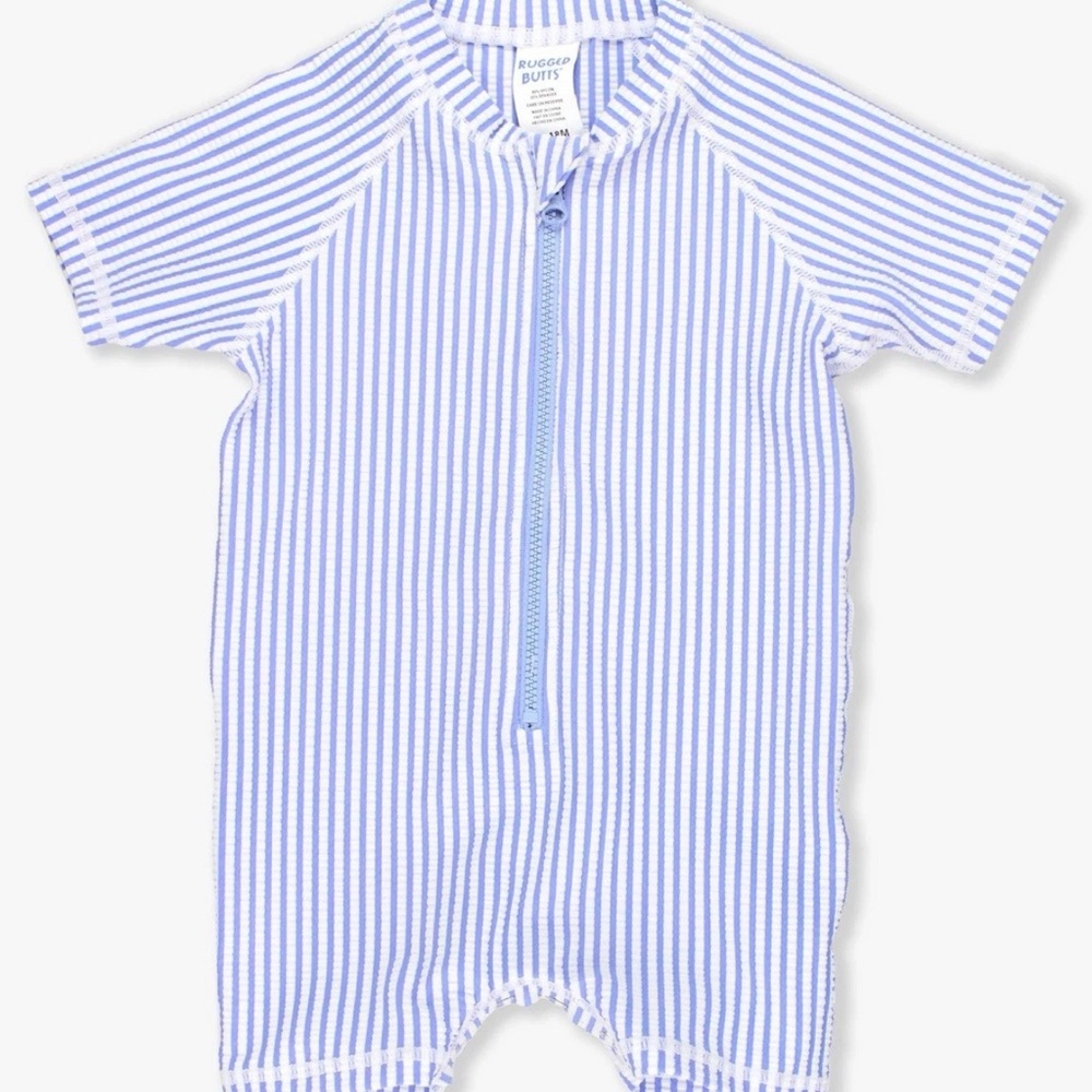 Rugged Butts  3-6 Months Blue White Stripe Zip Up Swimsuit Boys Romper